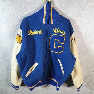 Vintage DeLong Robert Clovis Varsity 90s Wool Leather Bomber Jacket Mens XL Blue - Image 1 of 4