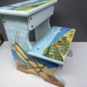 Coastal Beach Themed Step Stool Two Steps All Wood 10”Wide x13”Tall Blue &Yellow - Picture 1 of 9