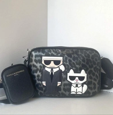 Karl Lagerfeld Maybelle Camera Crossbody Bag Black Ikons Leopard Coin Case - Image 1 of 4