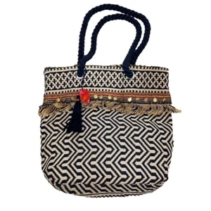 C&C California Geometric Fringe Jute Tote Beach Bag - Picture 1 of 11