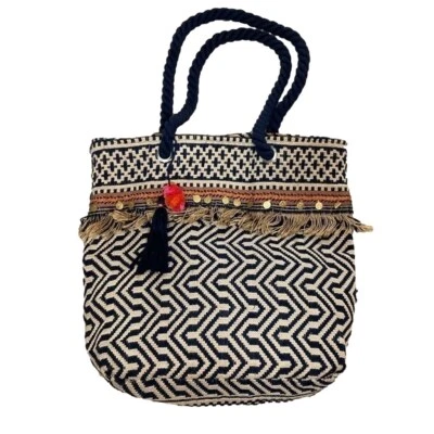 C&C California Geometric Fringe Jute Tote Beach Bag - Image 1 of 4