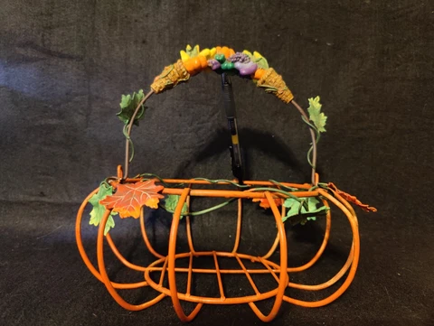 Basket Pumpkin Fall Thanksgiving Metal Wire Decor with Fruit Handle Vintage Cover