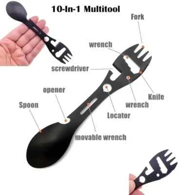 10 In 1 Stainless Steel Spork Spoon Fork Knife Camping Bottle Can Opener EDC Kit - Image 1 of 4