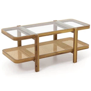 2-Tier Rustic Coffee Table with Storage Tempered Glass Tabletop PE Rattan Shelf - Picture 1 of 10