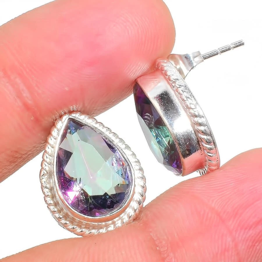 Mystic Topaz Gemstone 925 Sterling Silver Jewelry Stud Earring Size 0.75" - Image 1 of 1
