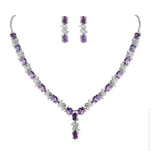 White gold finish love and kisses purple amethyst created diamond necklace set