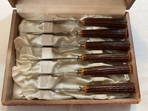 Englishtown Cutlery Sheffield 6 Steak Knife Set Faux Bone / Horn Handles & Case - Picture 1 of 8