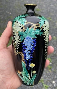 Antique 19th C. Japanese Meiji Era Foil Cloisonne Wisteria Vase Ginbari Enamel - Picture 1 of 21