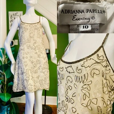 Vtg Y2K Ivory Silk Party Slip Dress Adrianna Pappel L  38/32 Beaded Sequins - Image 1 of 4