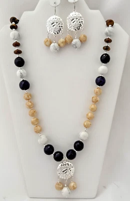 Juego de pendientes de 3" con cierre de palanca de 28" y ojo de tigre Howlite de vidrio plateado Foto 1 de 4