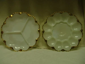 ANCHOR HOCKING MILK GLASS DEVILED EGG/ OYSTER DISH & RELISH DISH W/GOLD TRIM - Picture 1 of 9