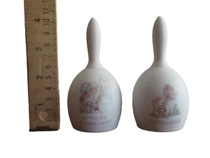 2x 1987 Enesco Precious Moments Wishing You A Happy Easter Porcelain Bisque Bell - Picture 1 of 14