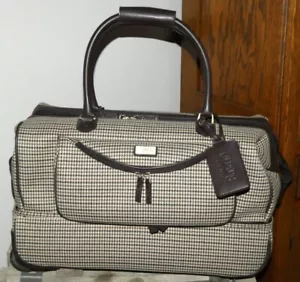 Chaps Polo Ralph Lauren Suitcase Canvas Leather Brown Houndstooth - Picture 1 of 10