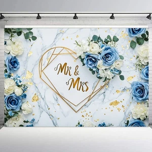 10x8ft Blue and White Rose Floral Mr and Mrs Wedding Background Studio Props - Picture 1 of 10