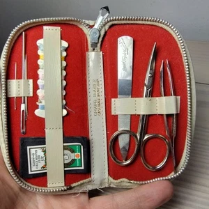 Vintage Manicure Nail Grooming Travel KIT Case Leather Floral Embroidery Germany - Picture 1 of 5