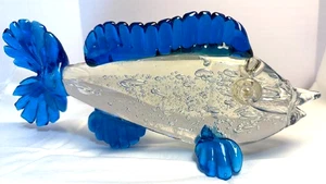 Murano Style Art Glass Fish Figurine Blue Clear Bullicante 8" Hand Blown - Picture 1 of 6