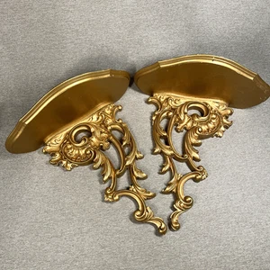 Vintage Set Syroco Gold vergoldet Oberfläche Holz Wandhalterungen Regal Regency Stil - Bild 1 von 11