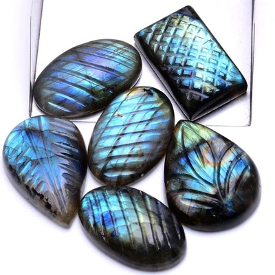 Collectible 6 Pcs Natural Labradorite Hand Carved Crystal Huge Loose Gemstone - Image 1 of 4