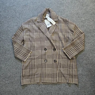 Zara Jacket Womens Size Medium Brown Houndstooth Double Breasted Blazer Oversize - Image 1 of 4