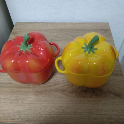 STAUB Paprika Cocotte Red and Yellow Set of 2 Ceramic Near Mint No Box Auth - Image 1 of 4
