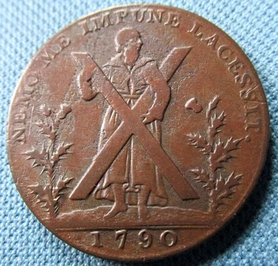 Moneda antigua de armas de Edimburgo de Escocia ficha de medio centavo British Copper Conder 1790 Foto 1 de 4