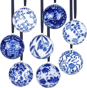 8pcs Blue White Porcelain Christmas Ornaments 2.4" Ceramic Tree Decoration - Picture 1 of 6