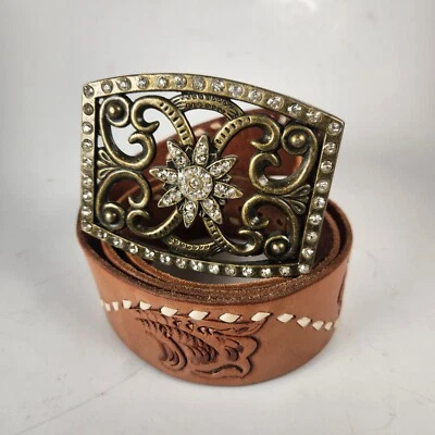 Cinturón Western Diamantes de Imitación Talla 32 Marrón Cuero Toulado Vaquero Rodeo Ecuestre  Foto 1 de 4