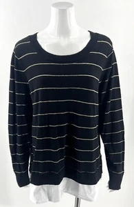 Basic Editions Sweater Womens Plus Size 1X Black Gold Striped Faux Layered NEW - Picture 1 of 6