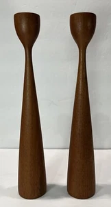 2 Vintage MCM Illums Bolighus Denmark Turned Tulip Teak Wood Candlesticks EUC - Picture 1 of 3