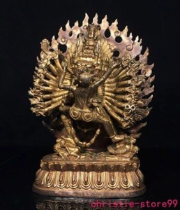 old Tibet temple bronze Gilt 1000 arms Yab-Yum Mandkesvara Hevajra Happy Statue - Picture 1 of 9