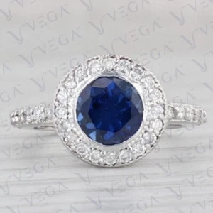 4.0ct Round Cut Natural Sapphire & Diamond Engagement Ring 18K White Gold Plated - Picture 1 of 16