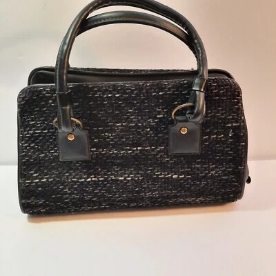 Black Tweed Vintage Purse Atomic Burst Lining Zippered Patent Leather Handles  - Image 1 of 4
