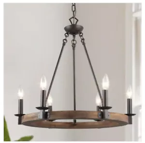 LNC Farmhouse Wagon Wheel Chandelier/6-Light Distressed Wood Circle Island Light - Picture 1 of 13