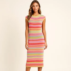 Lauren Ralph Lauren Striped Knit Midi Sweater Dress Cap Sleeve Slip Size L - Picture 1 of 5