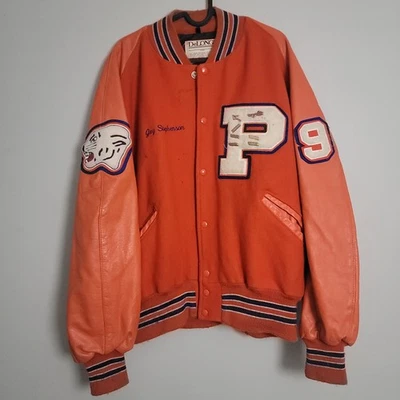 Vintage 90s DeLong Varsity Letterman Jacket USA High School 1999 Patches Pins - Image 1 of 4