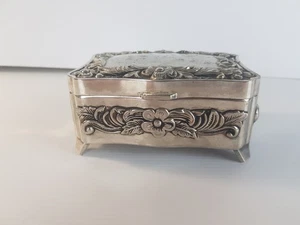 Flowers Silver Finish Victorian Style Trinket Vanity Blue Lined Jewellery Box - Foto 1 di 15