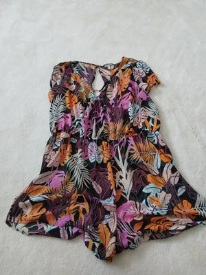 George Ladies Sheer Playsuit Sze XL Black Floral Short Sleeve, V neck, open back - Image 1 of 4