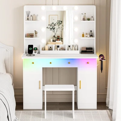 Ufurniture Dressing Table with Charging Station and Lights RGB Ambient White - image 1 of 4