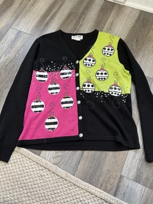 Vintage Jack B. Quick Sweater Funky beaded LimeGreen Pink Sequin Cardigan Size L Foto 1 de 4