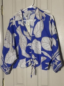 Blusa Rachel Zoe 55% Lino Abotonada Azul y Blanco Corbata Cintura Grande Nueva con Etiquetas - Imagen 1 de 6