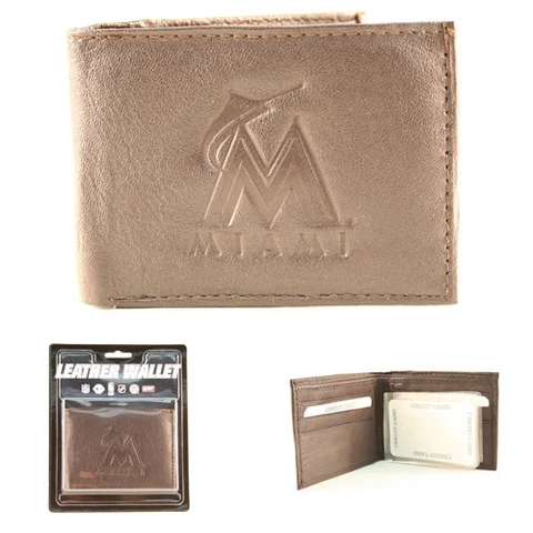 Miami Marlins Genuine Leather Wallet Brown College Baseball MLB Bifold Billfold Cover