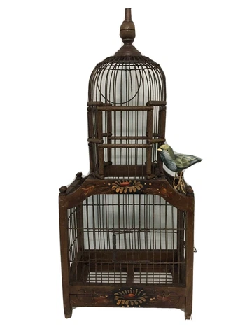 Vintage Victorian Dome Roof Bird Cage Tall Wood & Wire Cathedral Tole Painted Cover