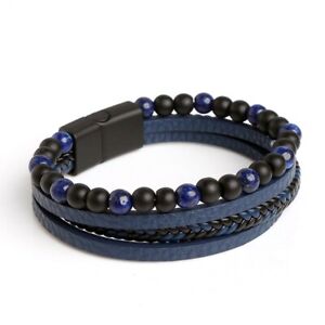 Stainless Steel Jewelry Multi-Layered Men's Leather Beaded Bracelet Magnet Clasp