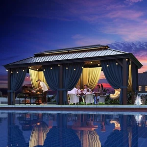 12x20ft Outdoor Hardtop Gazebo Canopy with Aluminum Frame Curtains Brown,Black - Picture 1 of 49