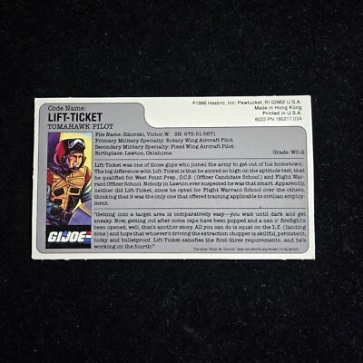 vintage G.I. Tarjeta de archivo de boleto de elevación GI JOE gijoe 1986 sin cortar Foto 1 de 2