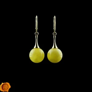 Yellow Baltic Amber Long Gold Large Round Gemstone Earrings for Women Lever Back - Imagen 1 de 5