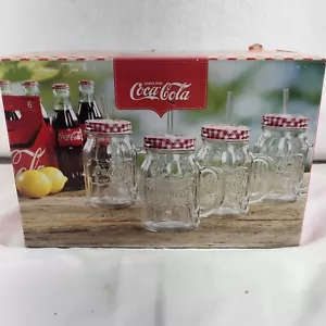 Set bevande in vetro barattolo Coca-Cola Mason con set di cannucce di 4 NUOVO - Foto 1 di 8