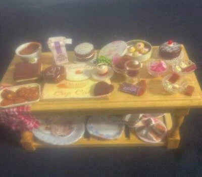 VTG DOLL HOUSE MINIATURE WOODEN DESSERT TABLE LOADED WITH GOODIES SIGNED !! - Image 1 of 4