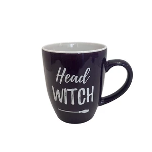 Halloween Kaffee Tee Becher lila weiß "Kopf Hexe" Besen Büro Arbeit Tasse 15oz - Bild 1 von 16