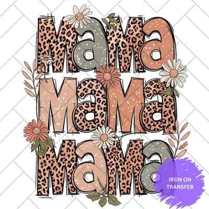 Boho Leopard Print “Mama” Floral Iron-On Transfer - Picture 1 of 1